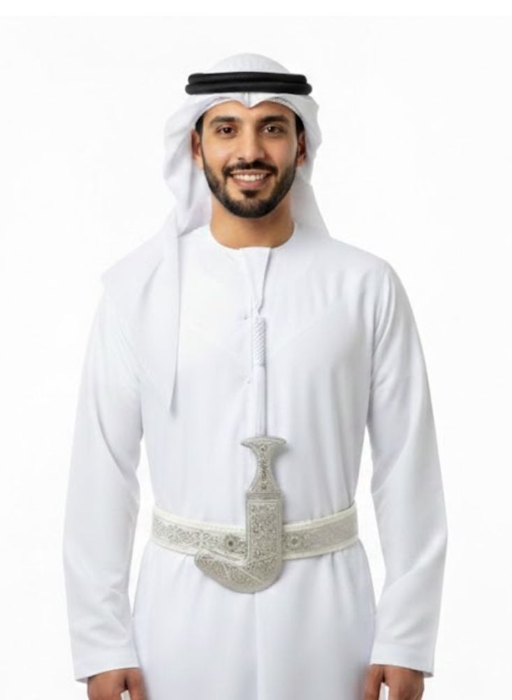 بريميم حزام خنجر جمبية فضي تقليدي عربي مع خنجر عربي وحزام – مقبض منحني مطلي بالفضة مع حزام بنقوش بارزة، إكسسوار زي ثقافي للرجال - Image 3